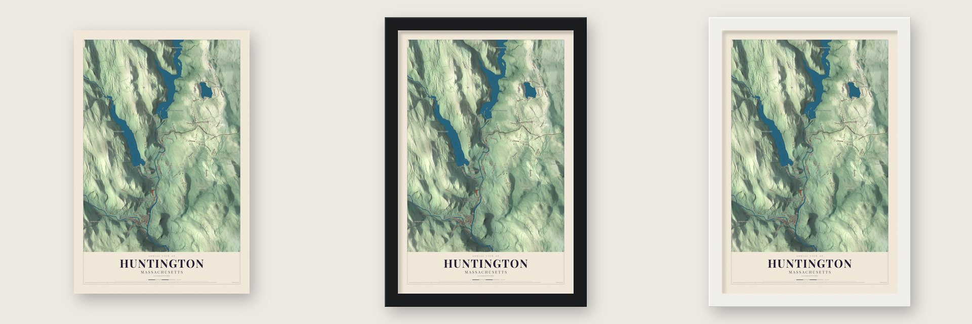 Huntington, Massachusetts map unframed, in a black wood frame and in a white wood frame