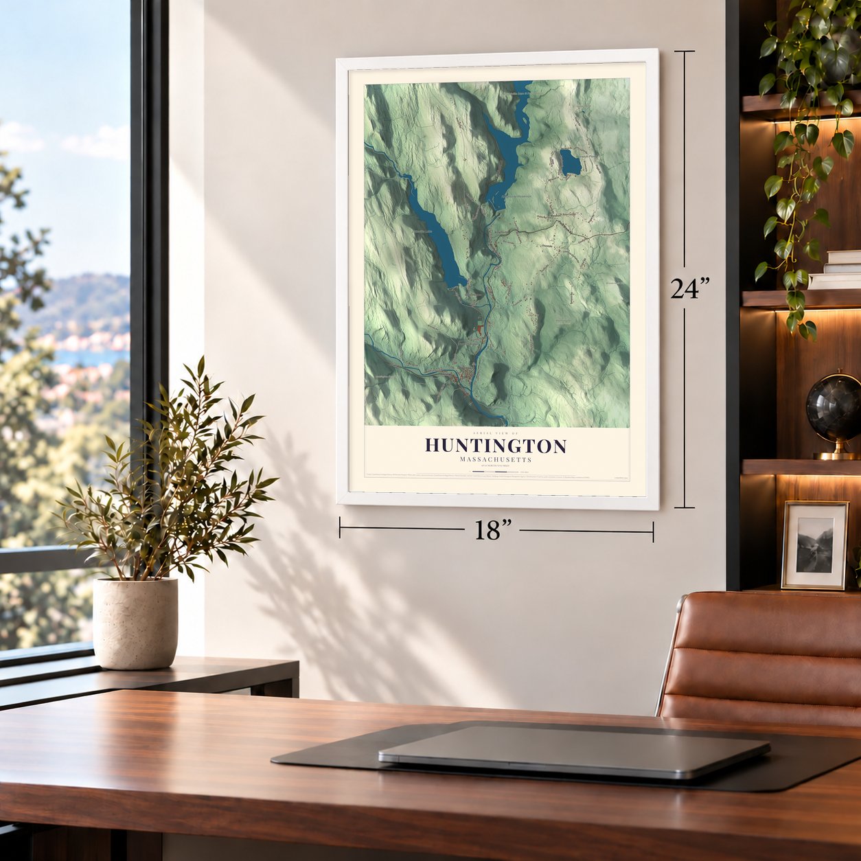 Huntington, Massachusetts map, 18 x 24 inch print in a white frame in a home office