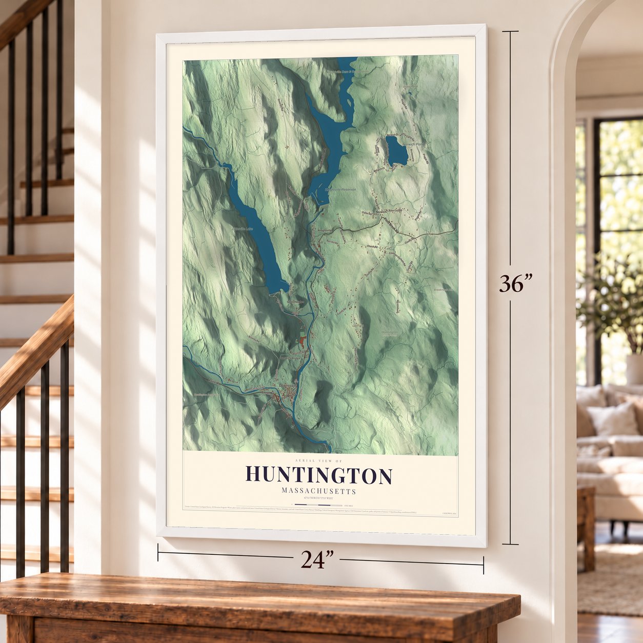 Huntington, Massachusetts map, 24 x 36 inch print in a white frame by a staircase