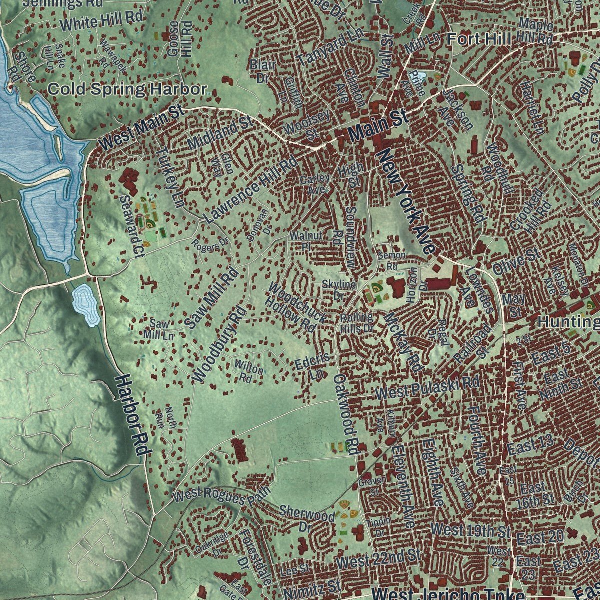 Second close-up of the map of Huntington, New York print showing more streets and buildings