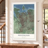 Huntington, New York map, 24 x 36 inch print in a white frame by a staircase