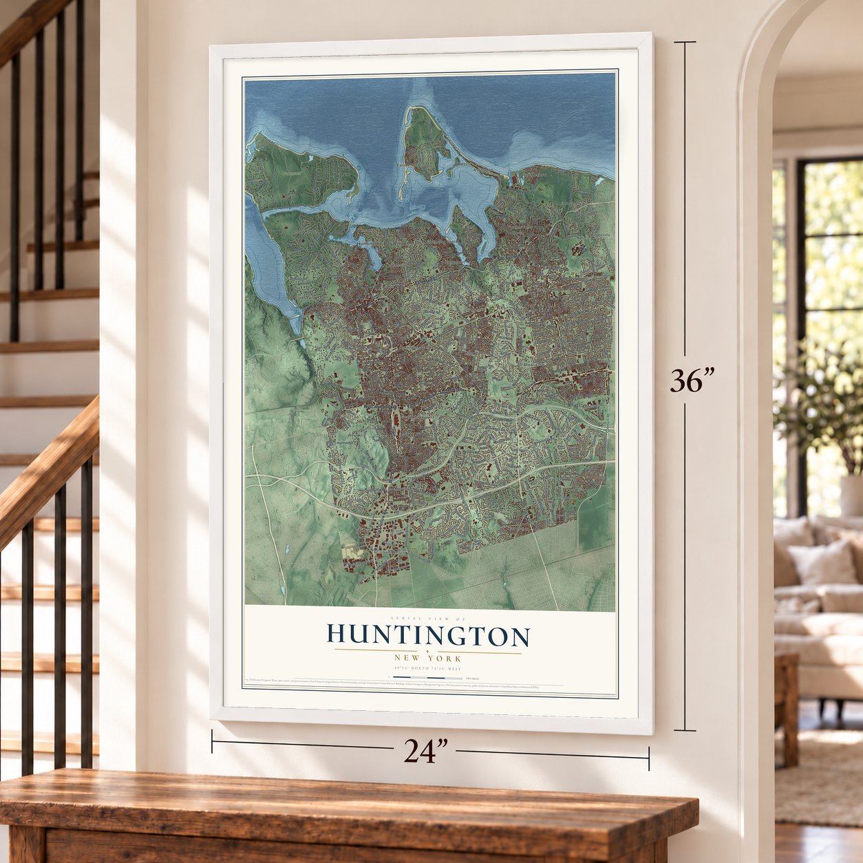 Huntington, New York map, 24 x 36 inch print in a white frame by a staircase