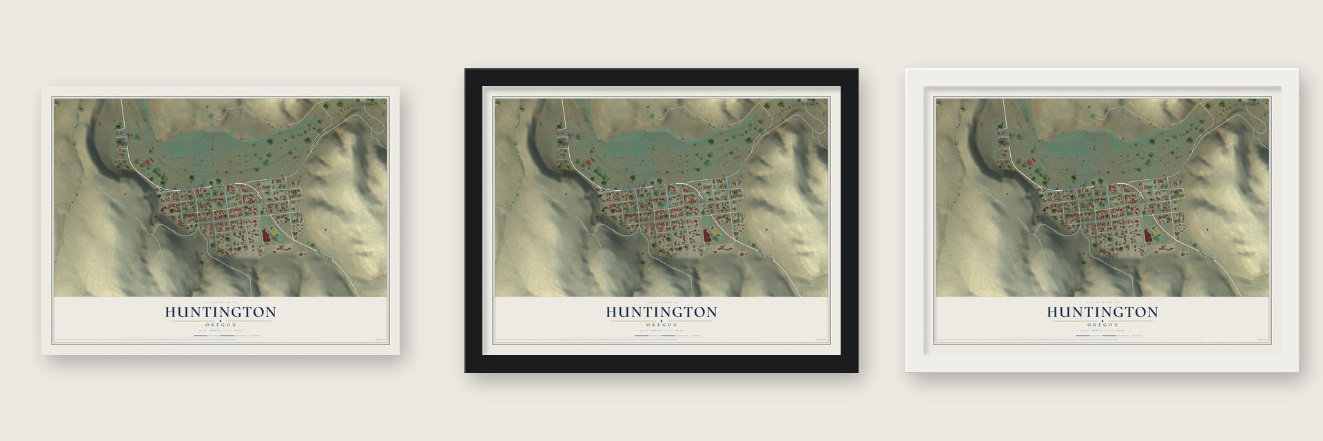Huntington, Oregon map unframed, in a black wood frame and in a white wood frame