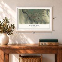 Huntington, Oregon map, 12 x 18 inch print in a white frame in an entryway