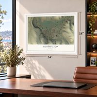 Huntington, Oregon map, 18 x 24 inch print in a white frame in a home office