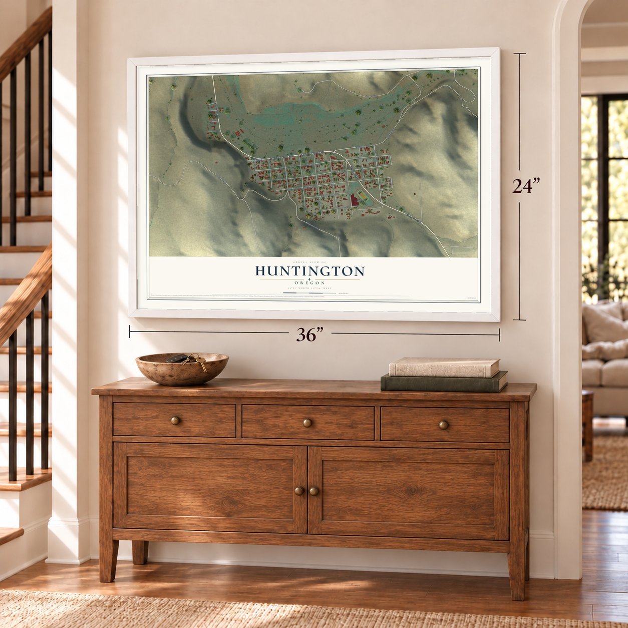 Huntington, Oregon map, 24 x 36 inch print in a white frame above a dresser by a staircase