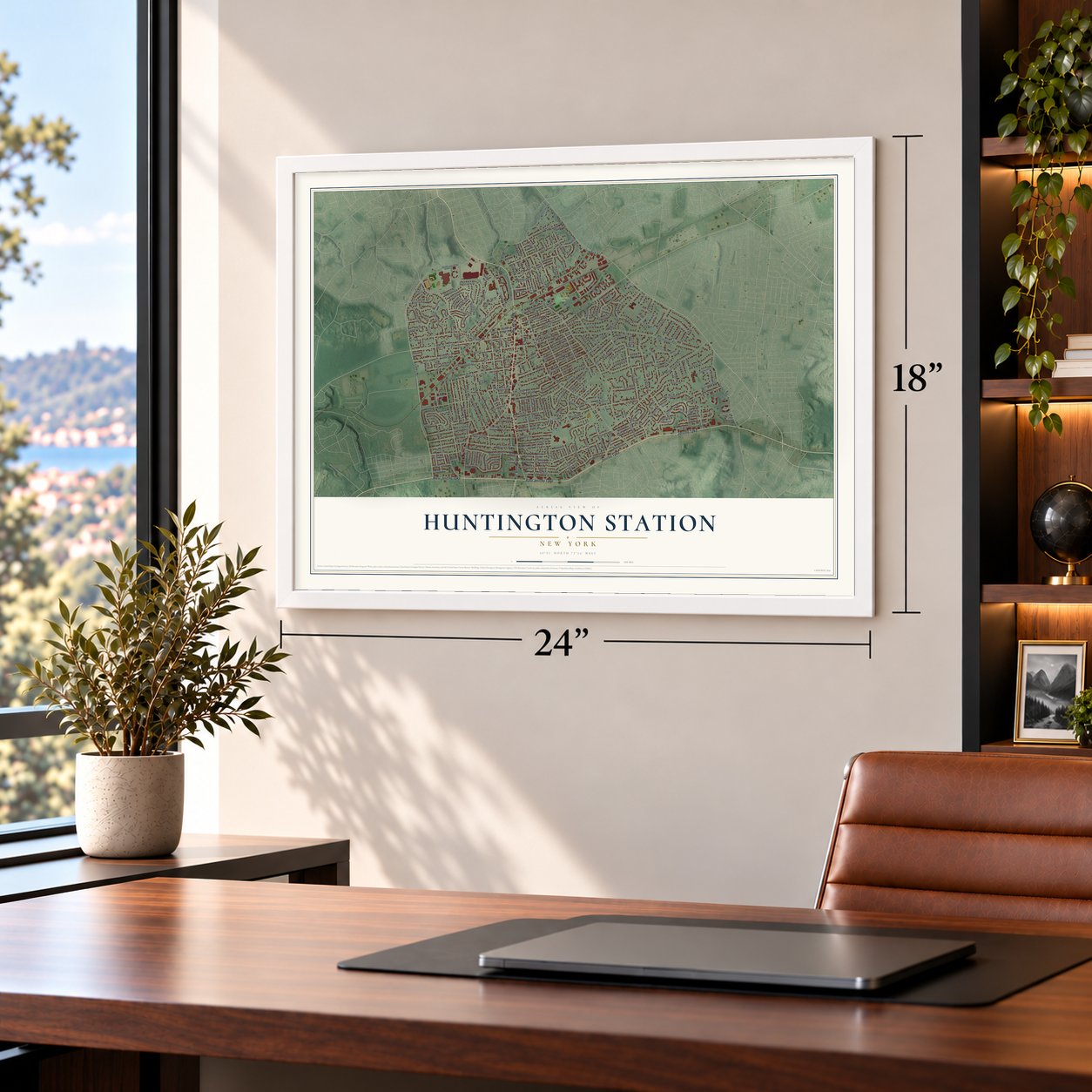 Huntington Station, New York map, 18 x 24 inch print in a white frame in a home office