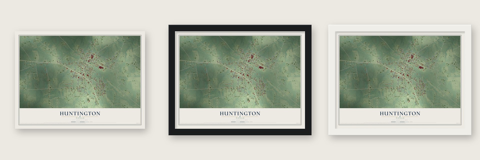 Huntington, Texas map unframed, in a black wood frame and in a white wood frame