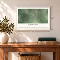 Huntington, Texas map, 12 x 18 inch print in a white frame in an entryway