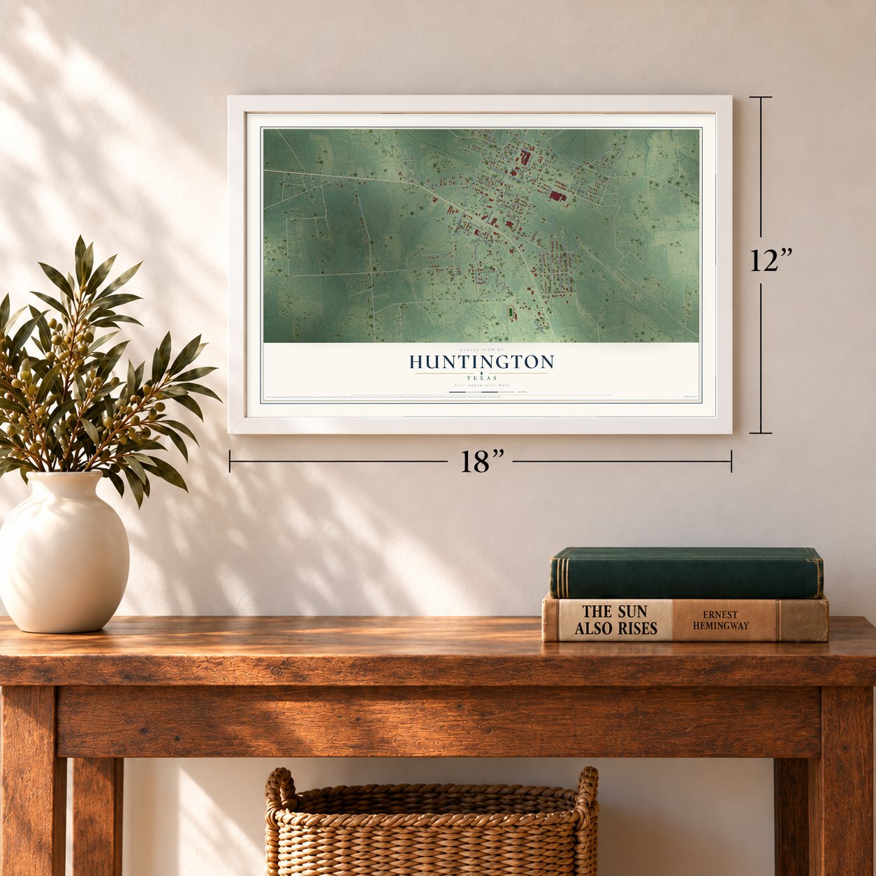 Huntington, Texas map, 12 x 18 inch print in a white frame in an entryway