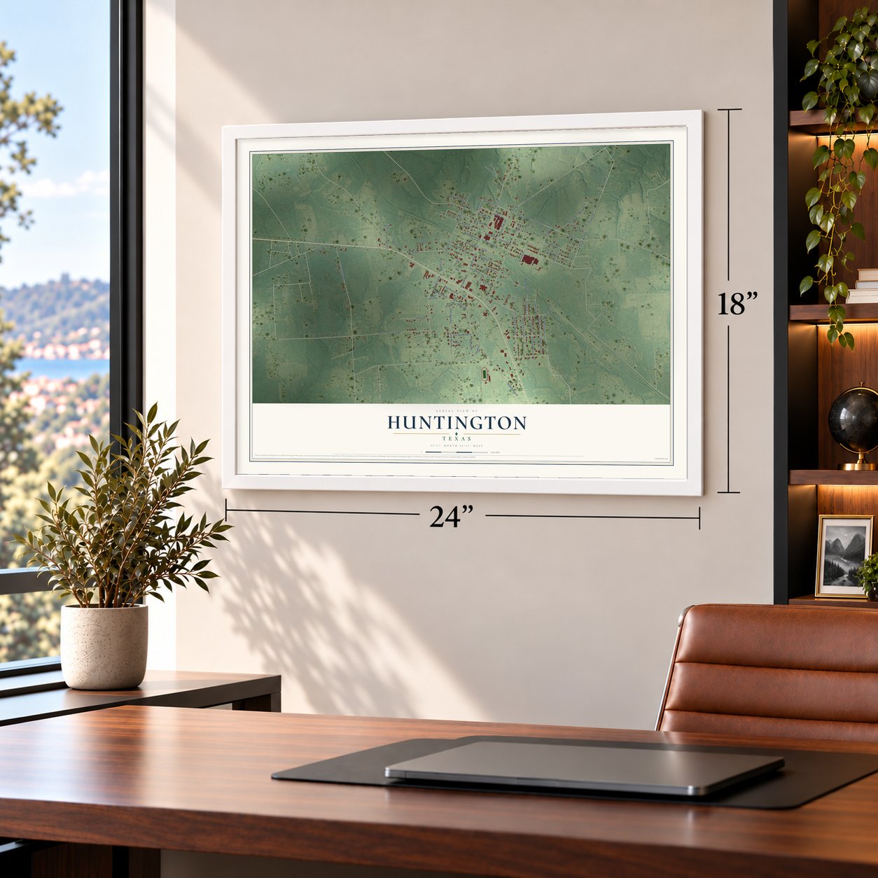 Huntington, Texas map, 18 x 24 inch print in a white frame in a home office