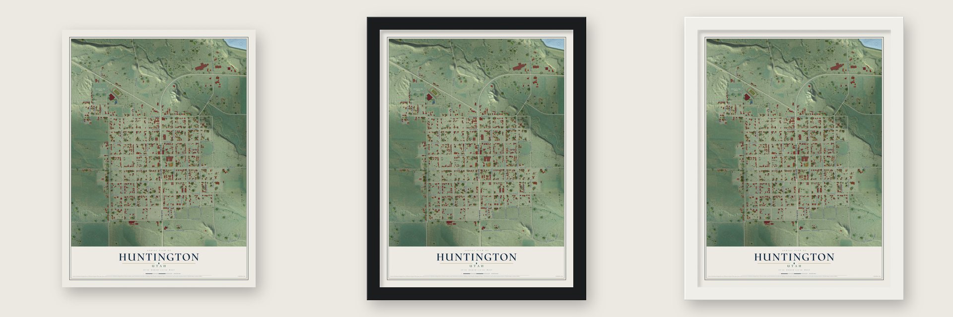 Huntington, Utah map unframed, in a black wood frame and in a white wood frame