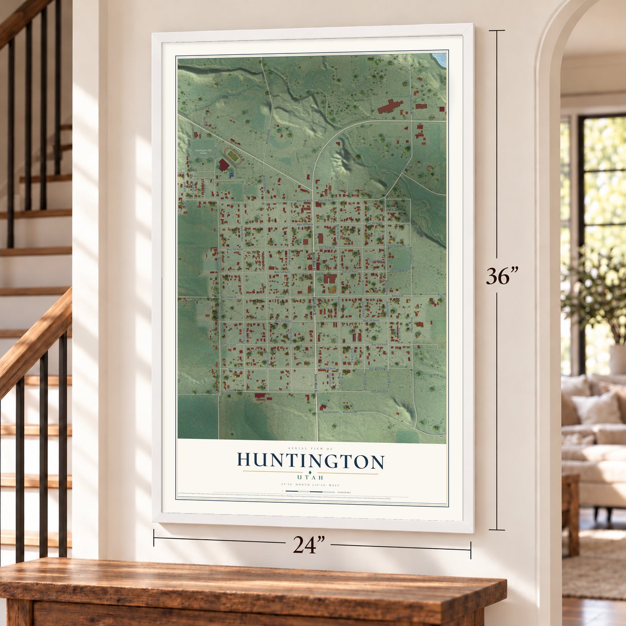 Huntington, Utah map, 24 x 36 inch print in a white frame by a staircase