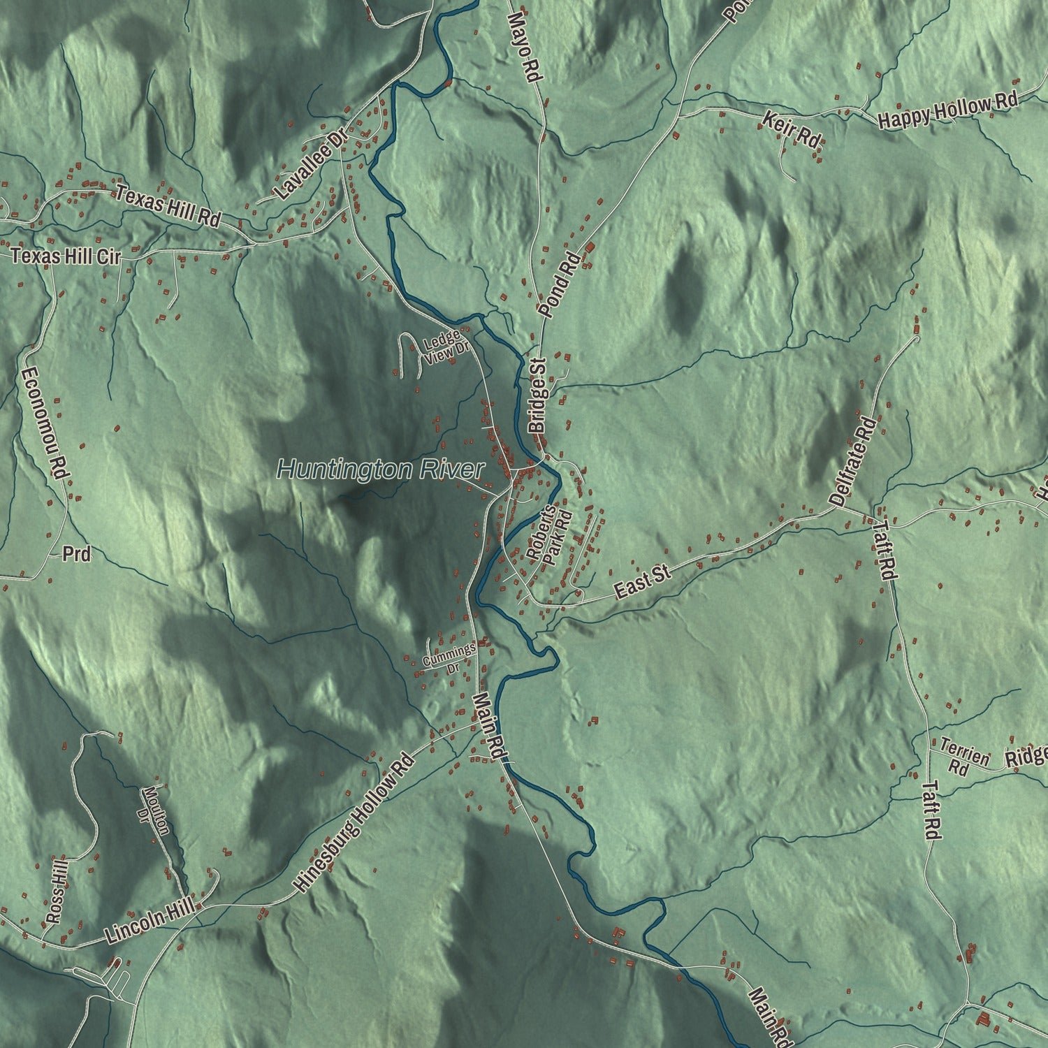 Close-up of the map of Huntington, Vermont print showing terrain and local geography