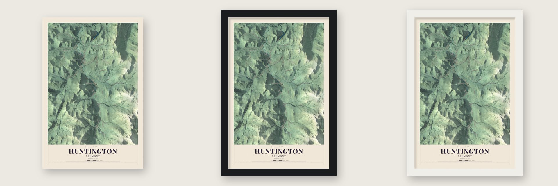 Huntington, Vermont map unframed, in a black wood frame and in a white wood frame