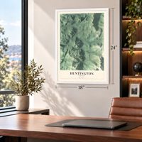 Huntington, Vermont map, 18 x 24 inch print in a white frame in a home office