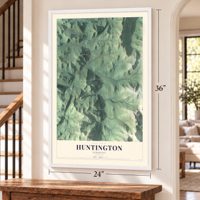 Huntington, Vermont map, 24 x 36 inch print in a white frame by a staircase