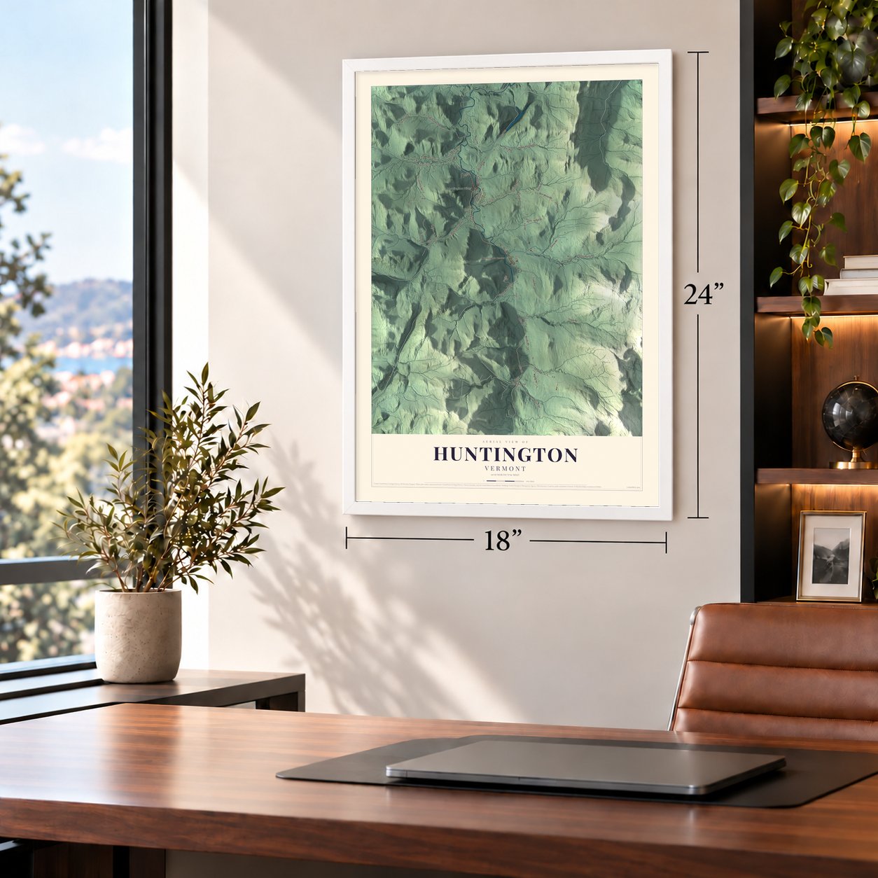 Huntington, Vermont map, 18 x 24 inch print in a white frame in a home office