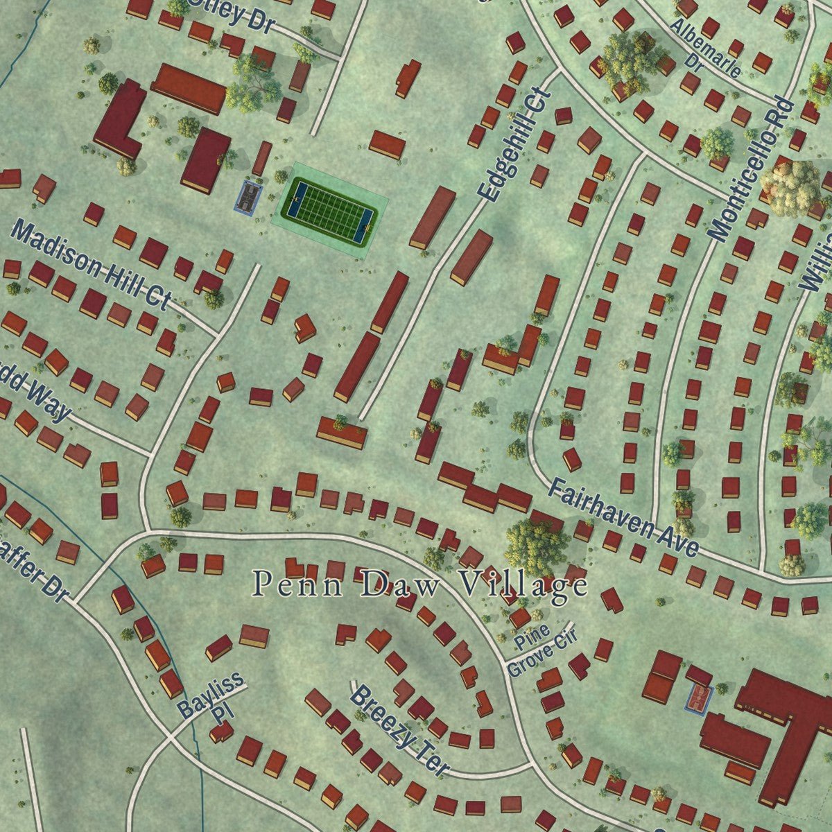 Second close-up of the map of Huntington, Virginia print showing more streets and buildings