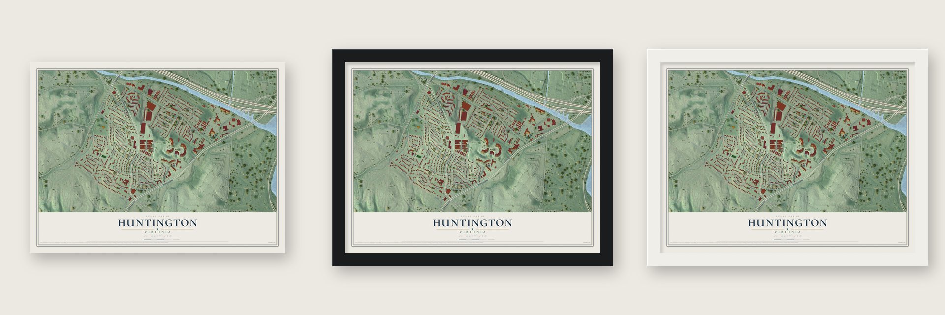 Huntington, Virginia map unframed, in a black wood frame and in a white wood frame