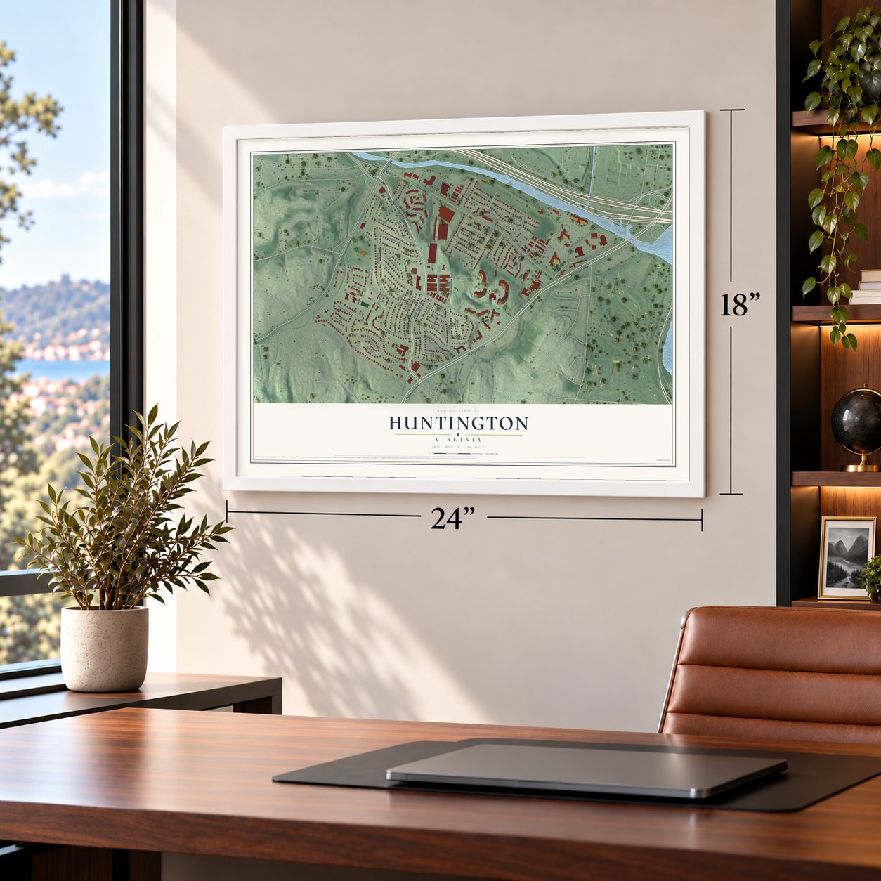 Huntington, Virginia map, 18 x 24 inch print in a white frame in a home office