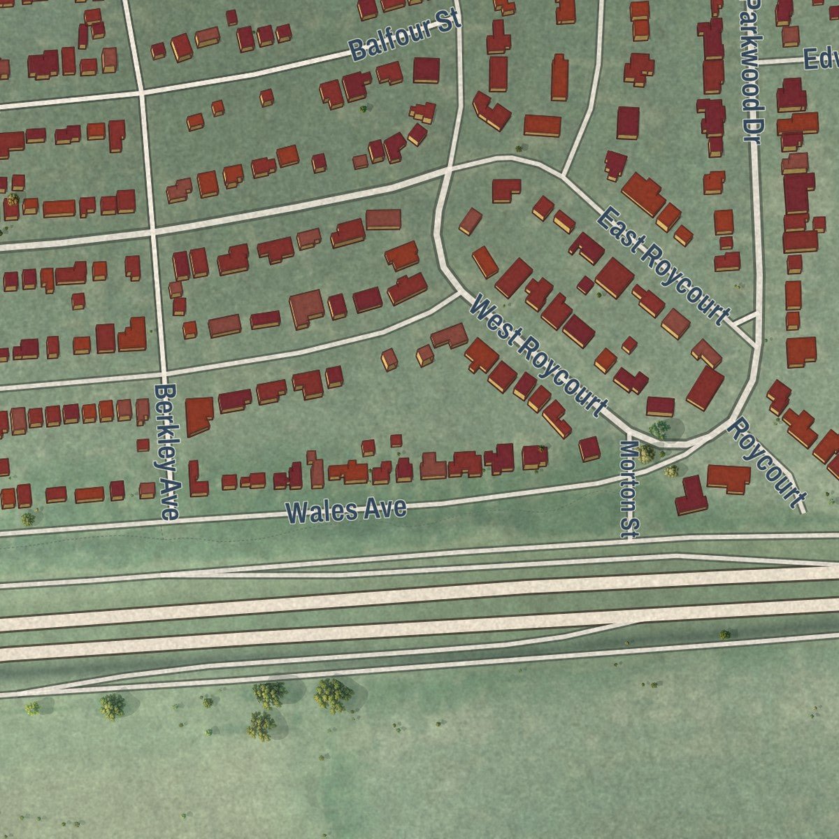 Second close-up of the map of Huntington Woods, Michigan print showing more streets and buildings