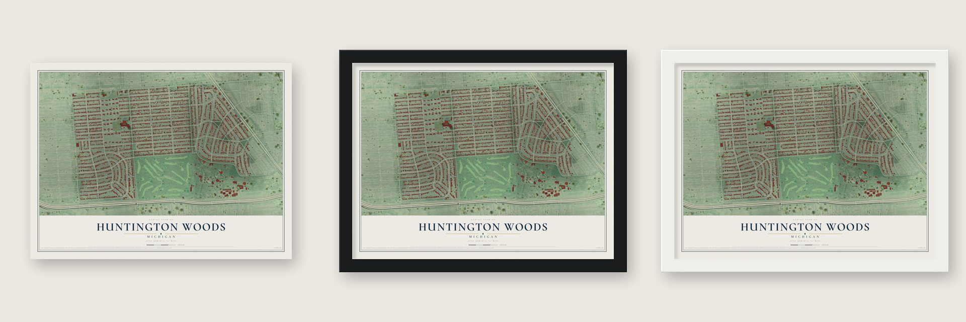Huntington Woods, Michigan map unframed, in a black wood frame and in a white wood frame