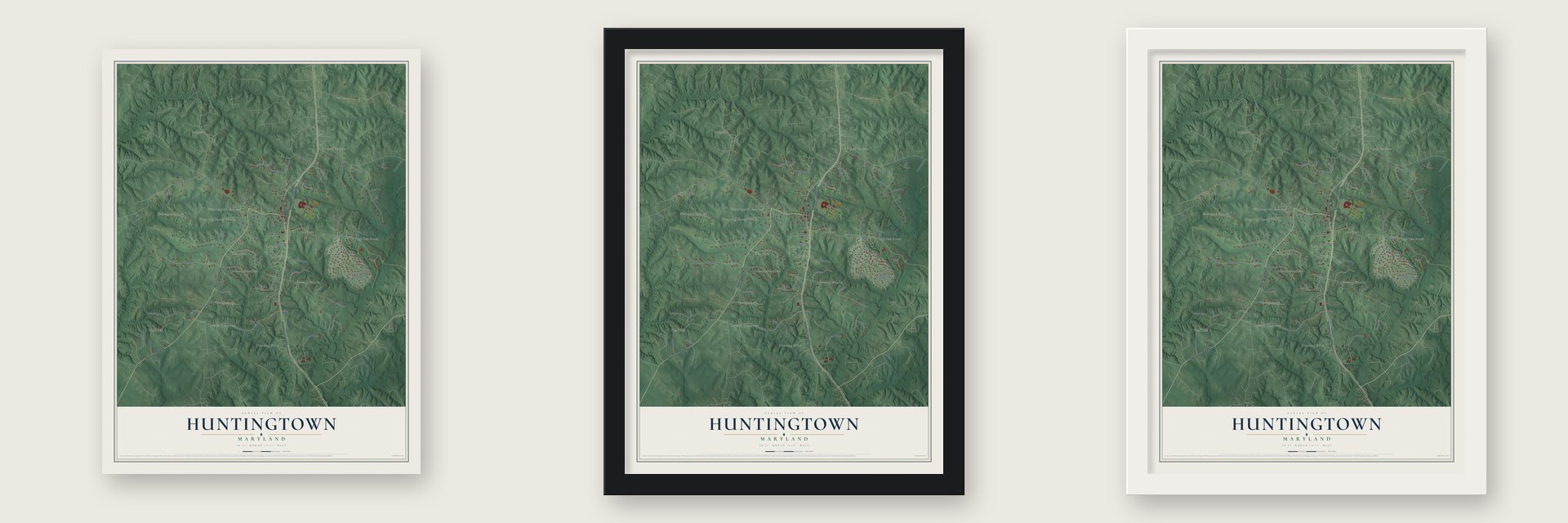 Huntingtown, Maryland map unframed, in a black wood frame and in a white wood frame