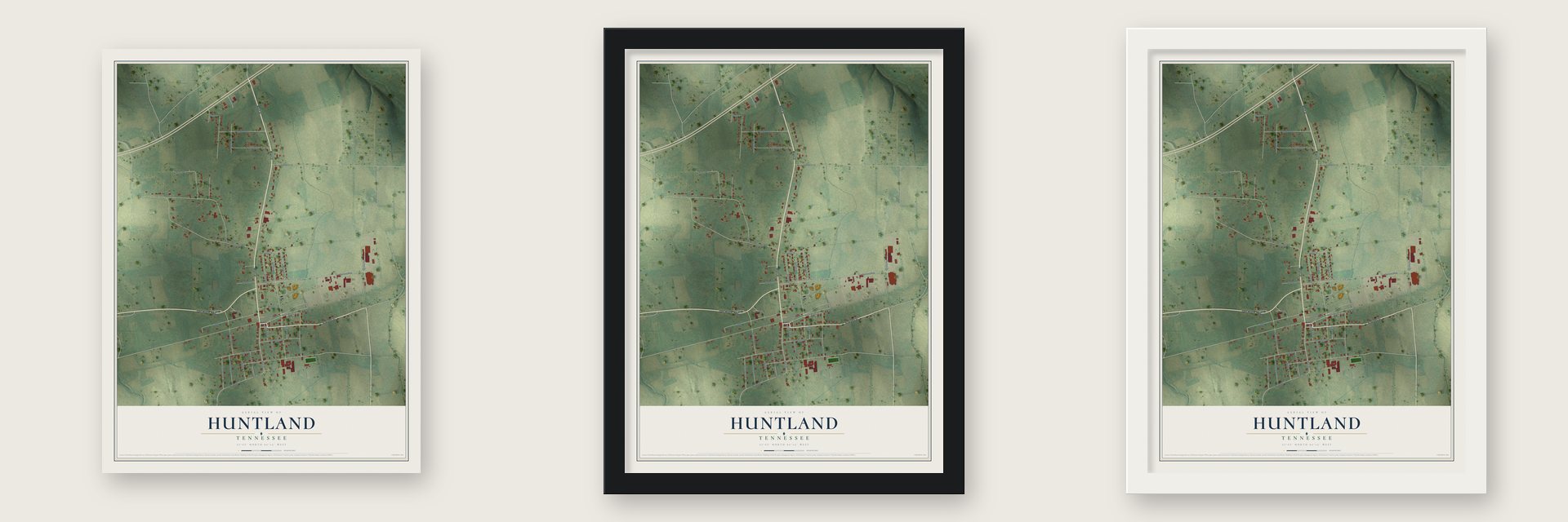 Huntland, Tennessee map unframed, in a black wood frame and in a white wood frame