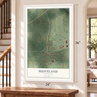 Huntland, Tennessee map, 24 x 36 inch print in a white frame by a staircase