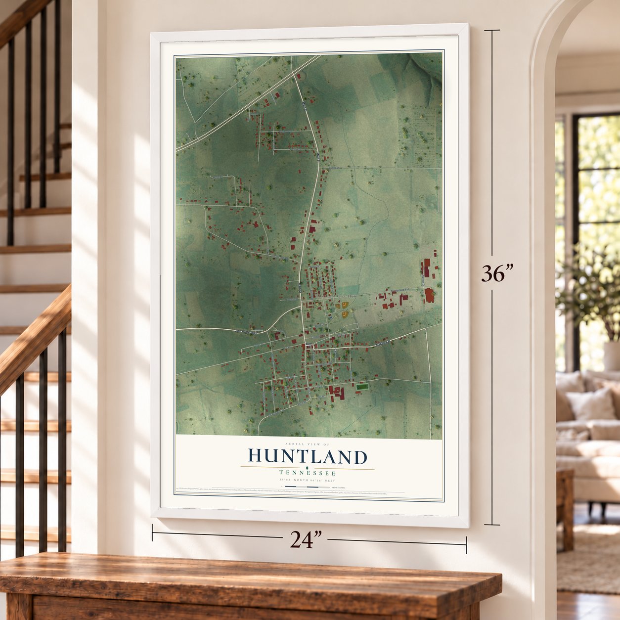 Huntland, Tennessee map, 24 x 36 inch print in a white frame by a staircase