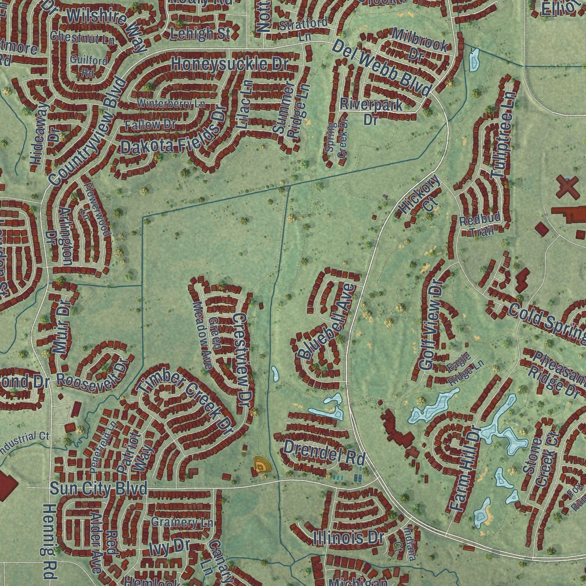 Second close-up of the map of Huntley, Illinois print showing more streets and buildings