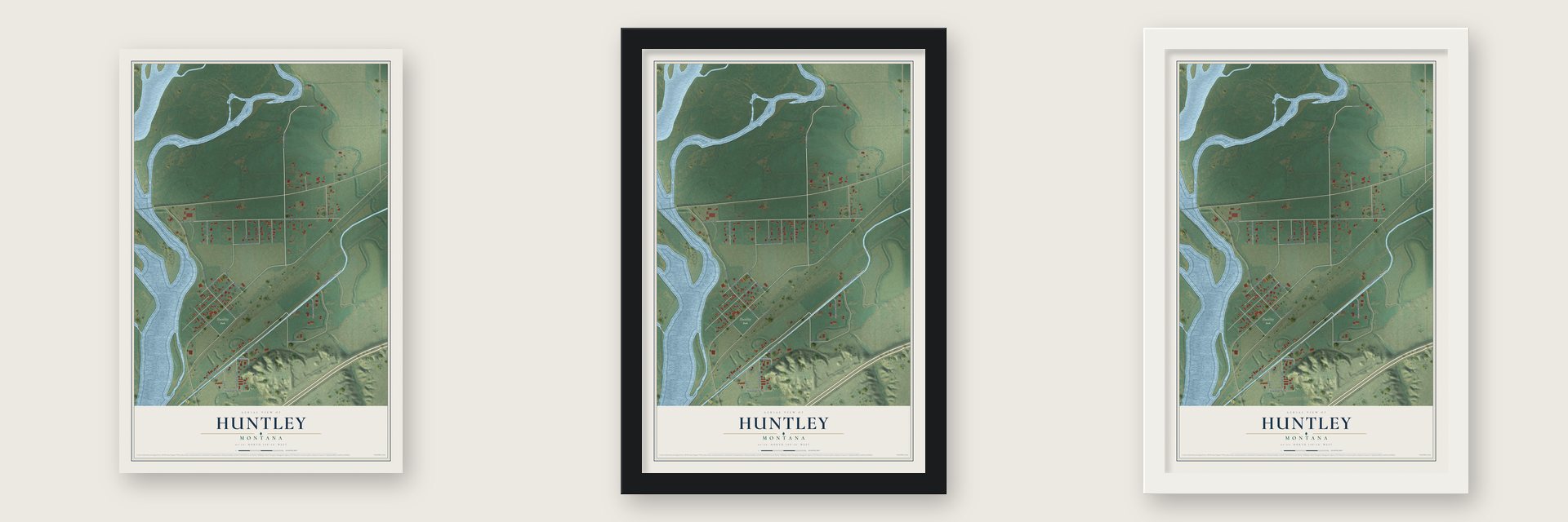 Huntley, Montana map unframed, in a black wood frame and in a white wood frame