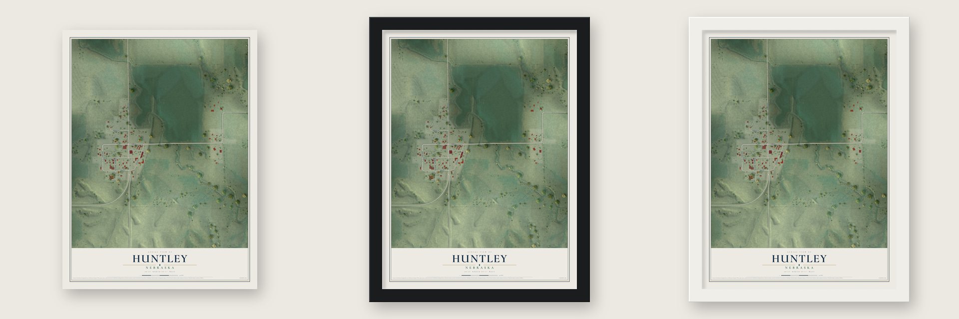 Huntley, Nebraska map unframed, in a black wood frame and in a white wood frame