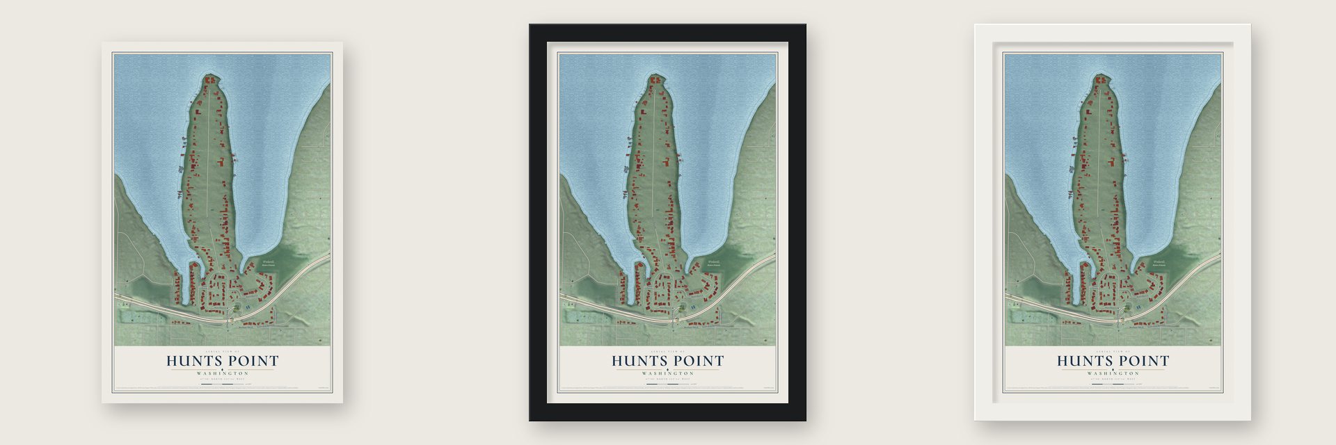 Hunts Point, Washington map unframed, in a black wood frame and in a white wood frame