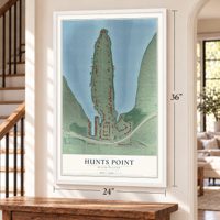 Hunts Point, Washington map, 24 x 36 inch print in a white frame by a staircase