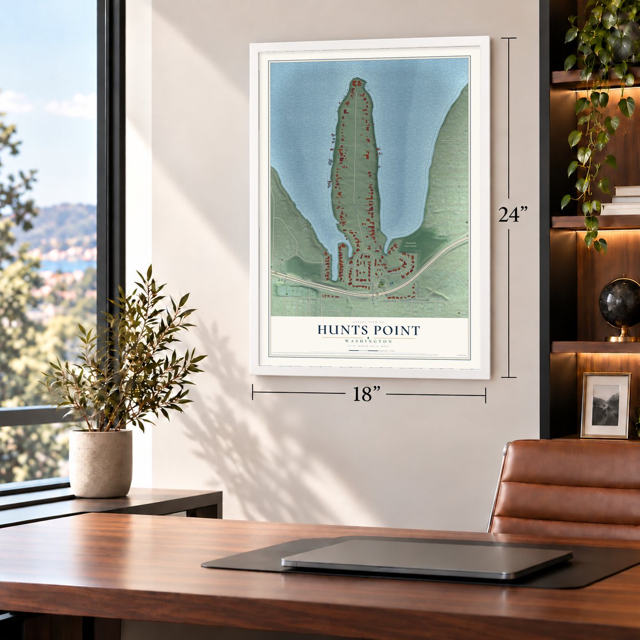 Hunts Point, Washington map, 18 x 24 inch print in a white frame in a home office