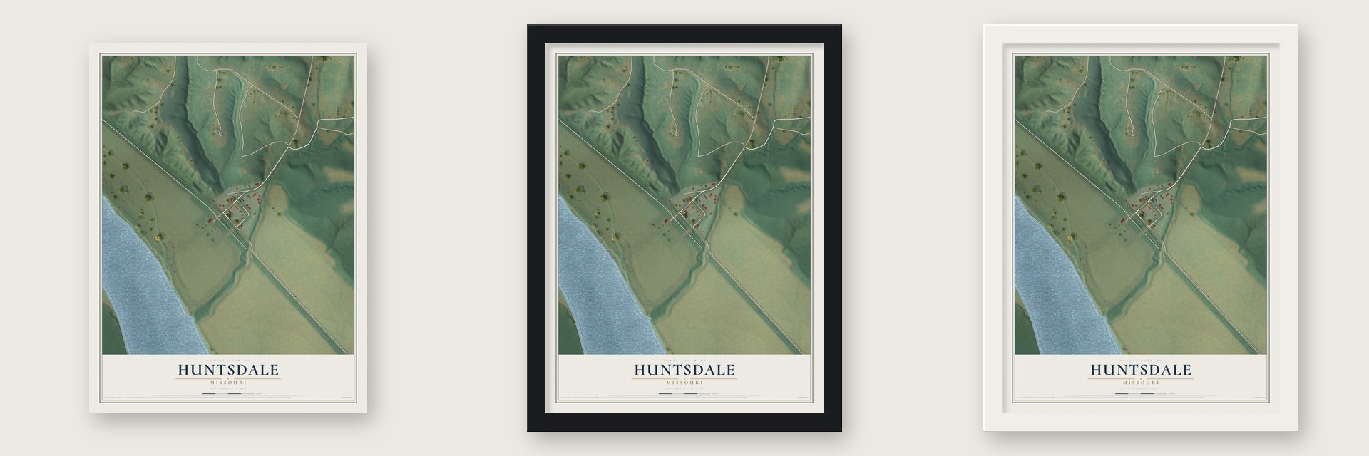 Huntsdale, Missouri map unframed, in a black wood frame and in a white wood frame