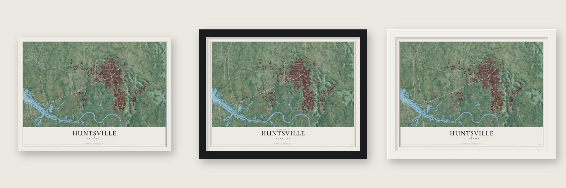 Huntsville, Alabama map unframed, in a black wood frame and in a white wood frame