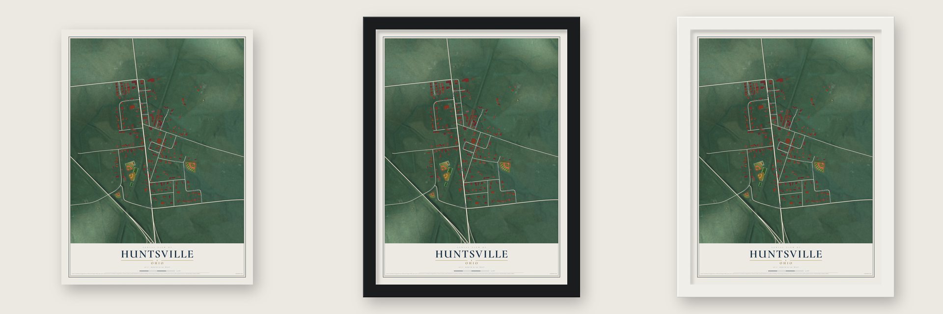 Huntsville, Ohio map unframed, in a black wood frame and in a white wood frame