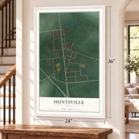 Huntsville, Ohio map, 24 x 36 inch print in a white frame by a staircase