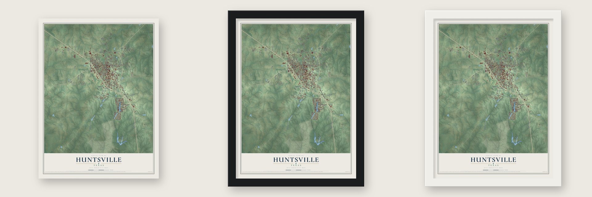 Huntsville, Texas map unframed, in a black wood frame and in a white wood frame