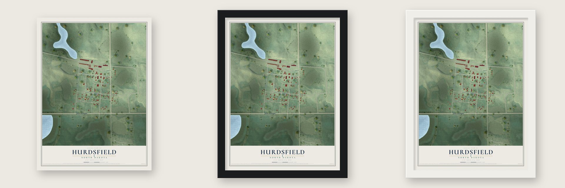 Hurdsfield, North Dakota map unframed, in a black wood frame and in a white wood frame