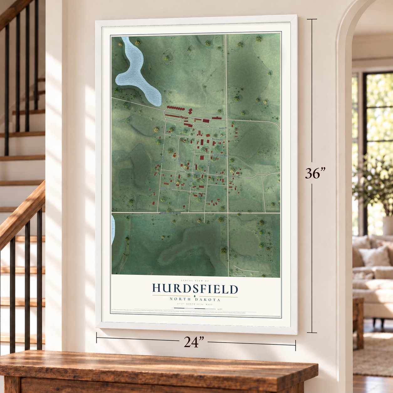 Hurdsfield, North Dakota map, 24 x 36 inch print in a white frame by a staircase