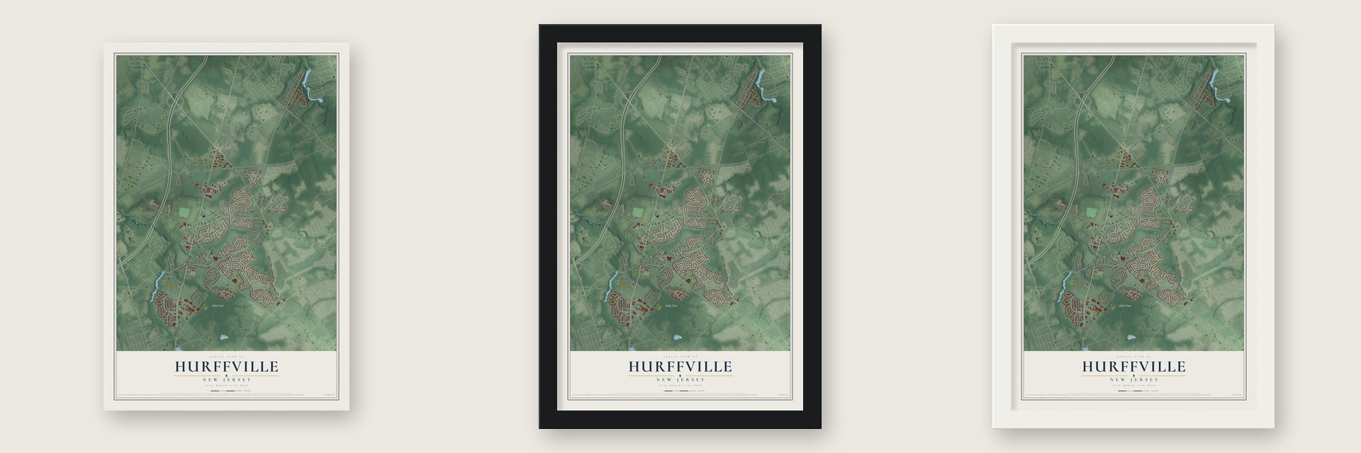 Hurffville, New Jersey map unframed, in a black wood frame and in a white wood frame
