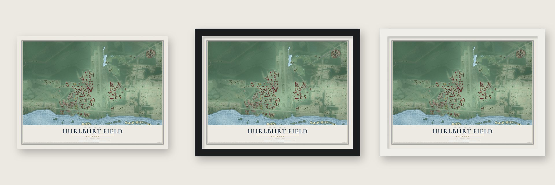Hurlburt Field, Florida map unframed, in a black wood frame and in a white wood frame