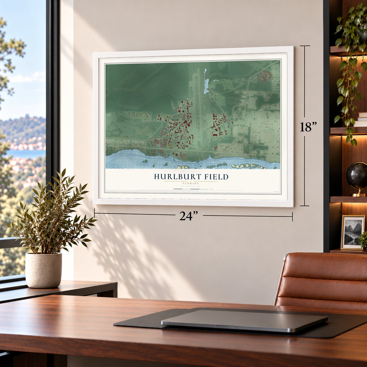Hurlburt Field, Florida map, 18 x 24 inch print in a white frame in a home office