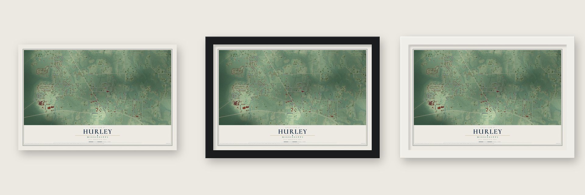 Hurley, Mississippi map unframed, in a black wood frame and in a white wood frame