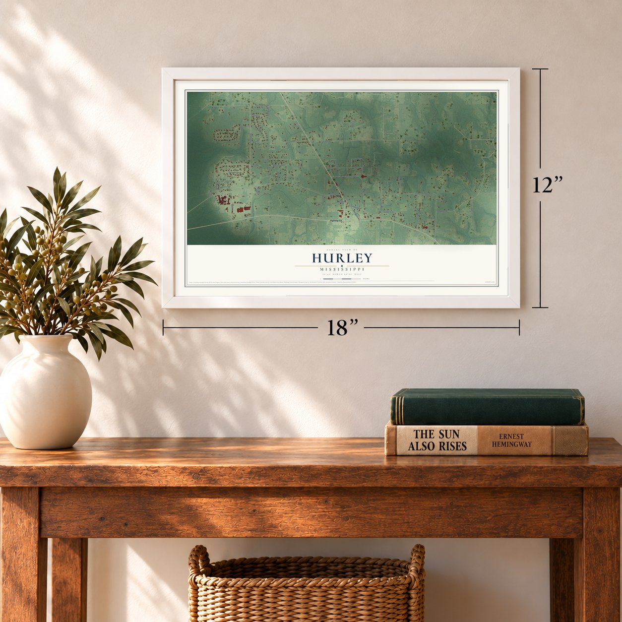 Hurley, Mississippi map, 12 x 18 inch print in a white frame in an entryway
