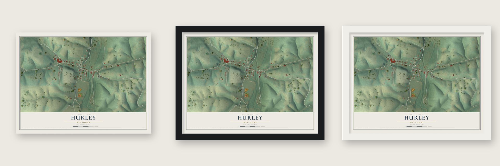 Hurley, Missouri map unframed, in a black wood frame and in a white wood frame